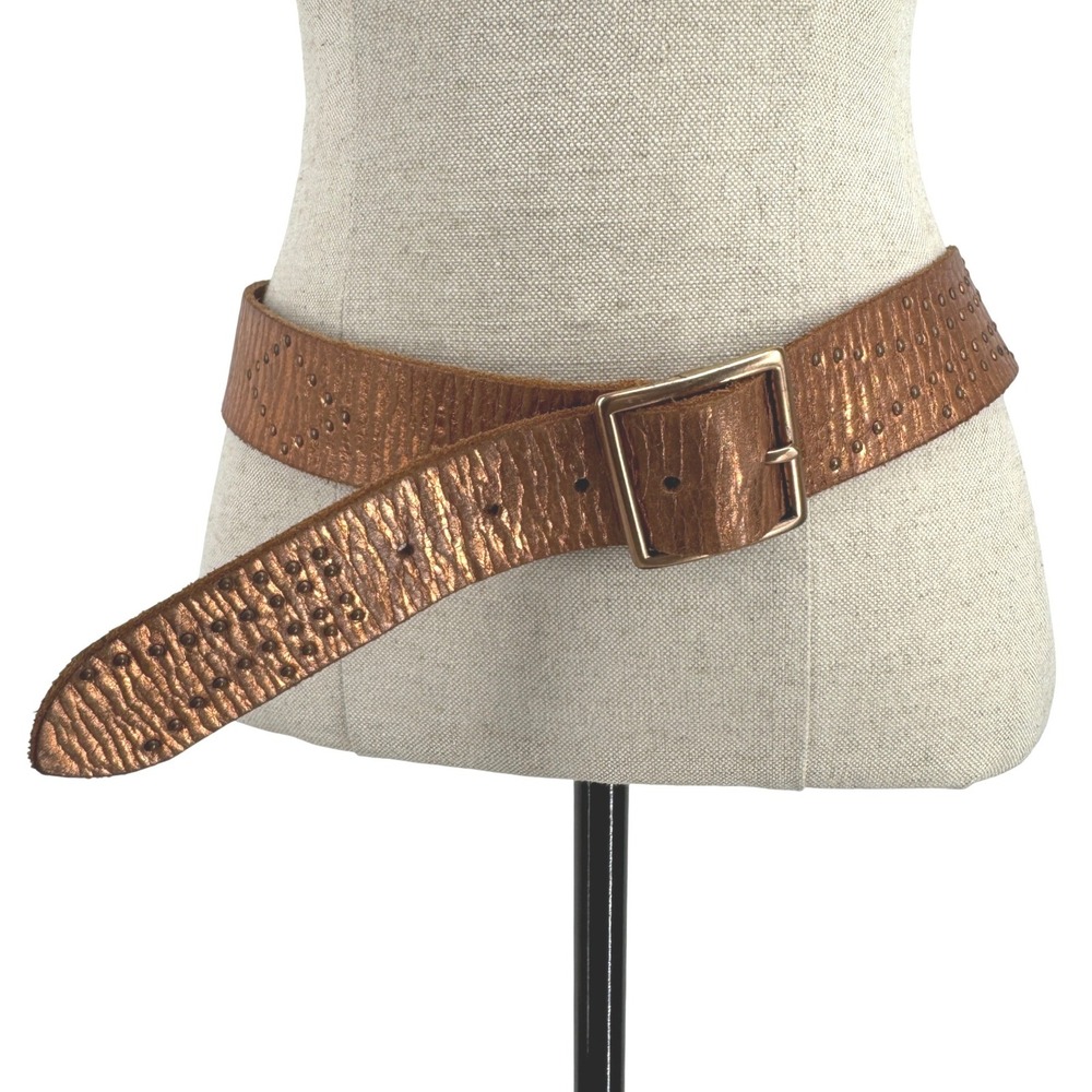 Linea Pelle Women Copper Metallic Studded Wide Leather Belt XL Bronze Buckle Y2K